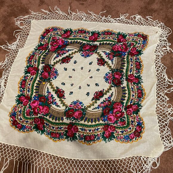 Women's Large Wool Blend Ornate Floral Print Wrap - Made in Japan - Picture 2 of 4